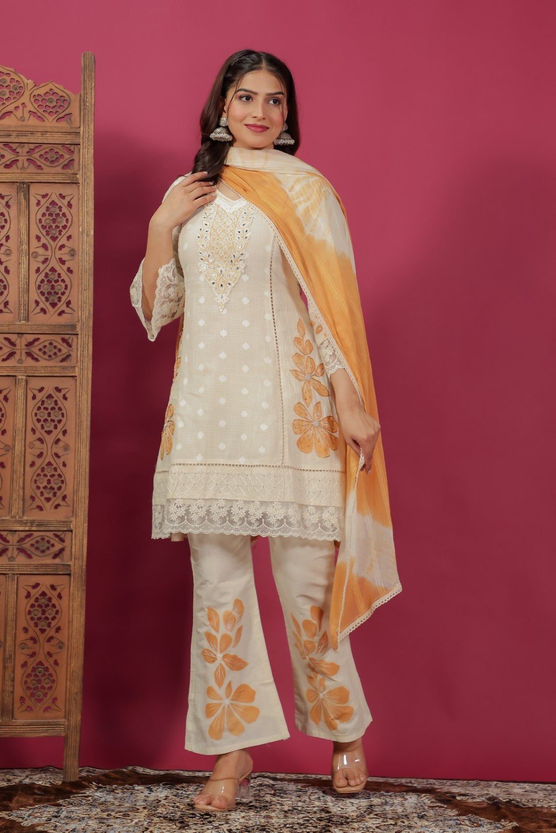 Off White Cotton Chikankari Handwork Co-ord Set with Dupatta
