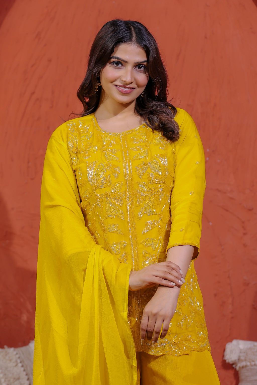 Yellow Pure Organza Top with Sequin Handwork, Sharara & Dupatta
