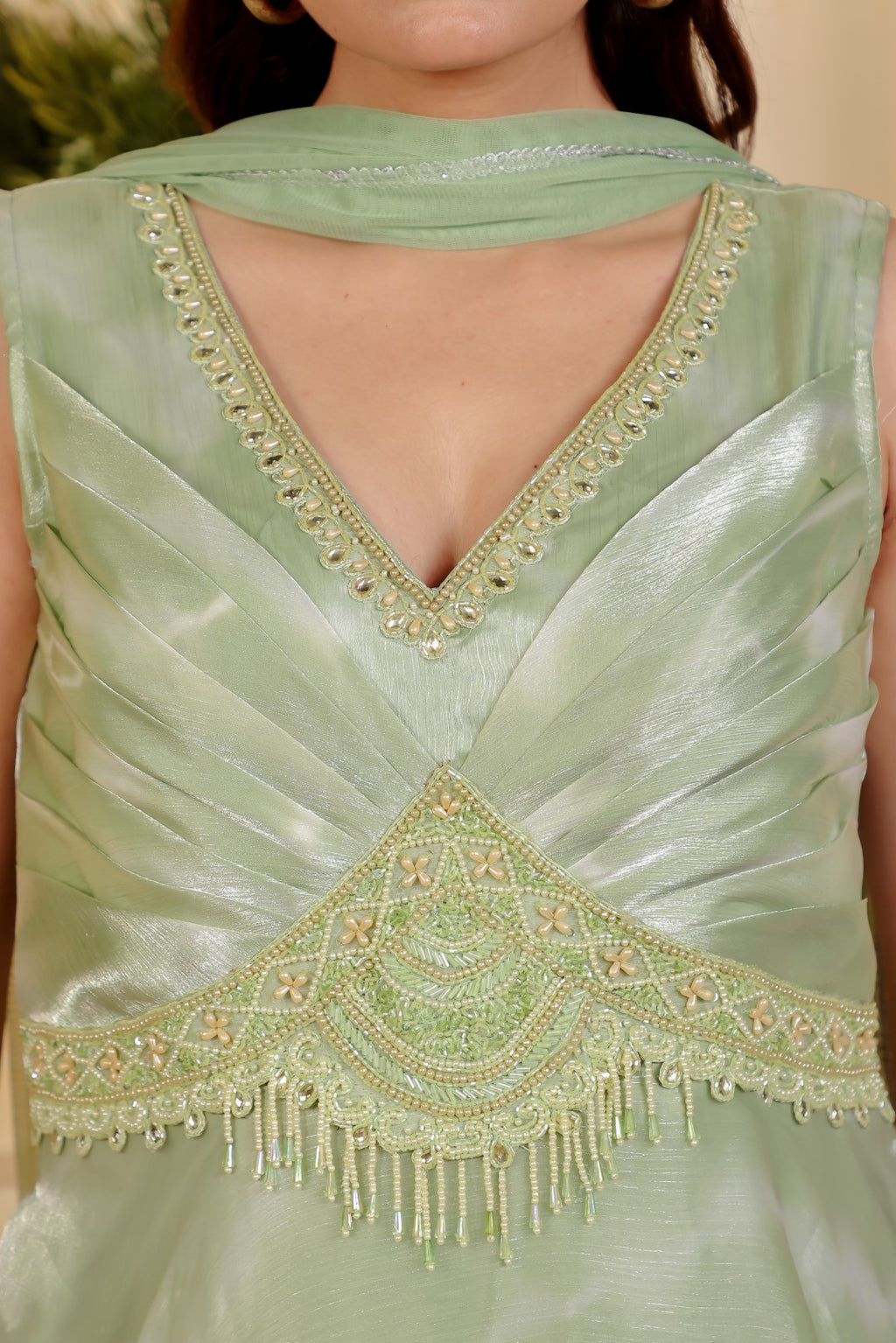 Mint Green Jimmy Choo Gown with Stylish Handwork & Net Dupatta