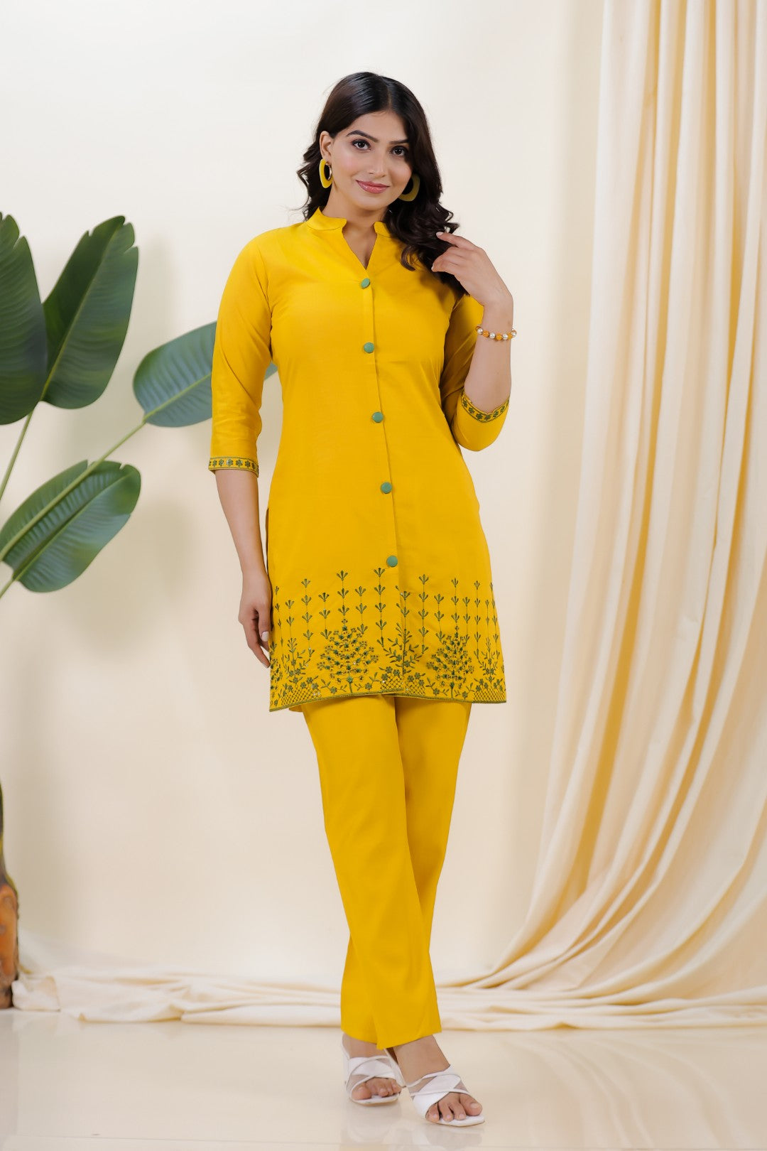 Mustard Yellow Muslin with Sequin Thread Work Co-ord Set