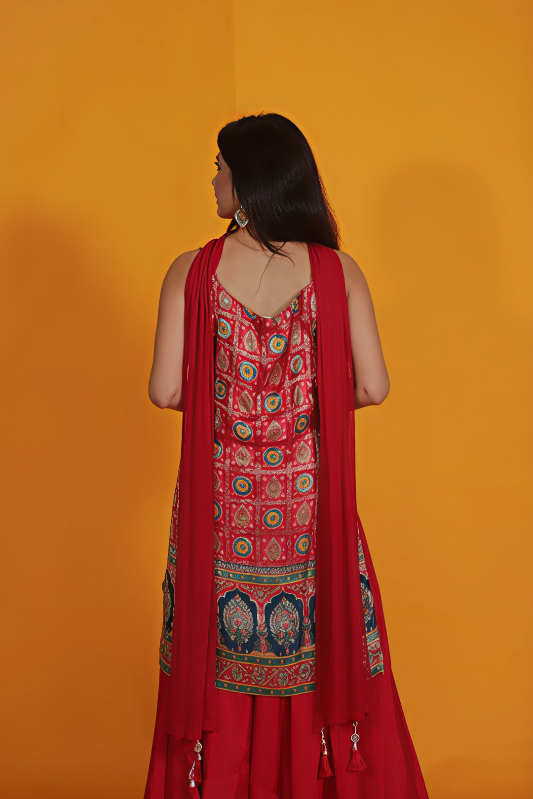 Rani Pink Crepe Silk Suit with Position Banarsi Prints, Sharara & Net Choker Dupatta