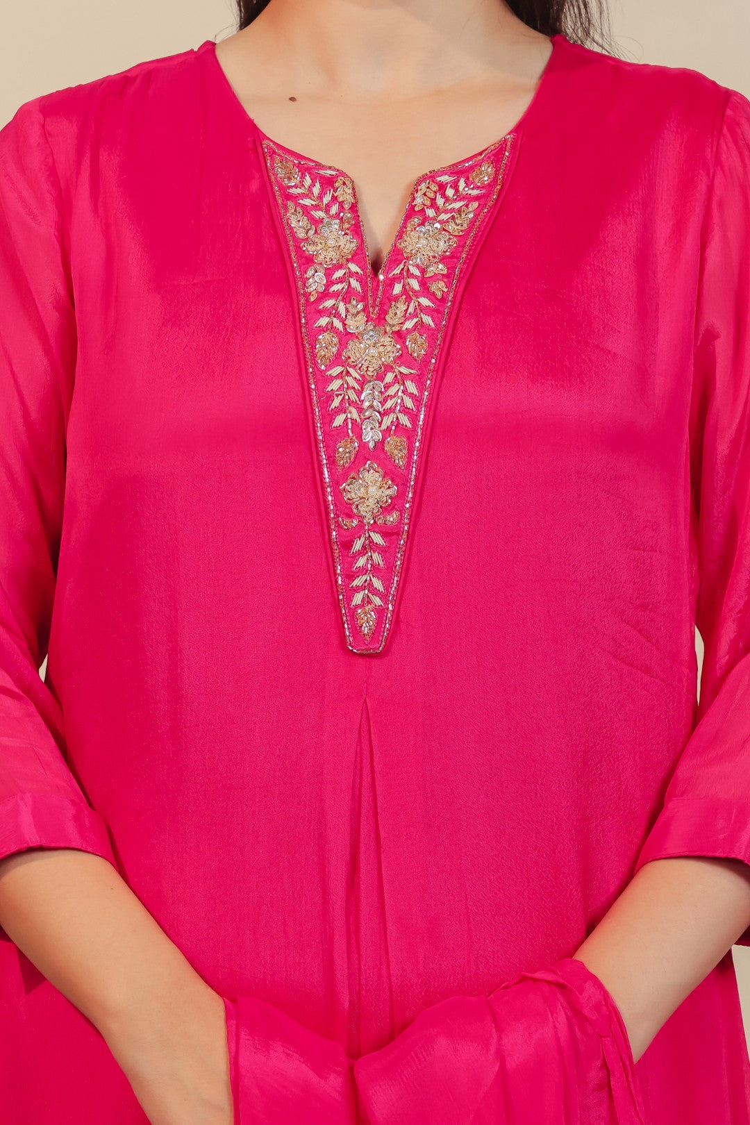 Rani Pink Chinon Suit with Handwork, Bottom & Dupatta