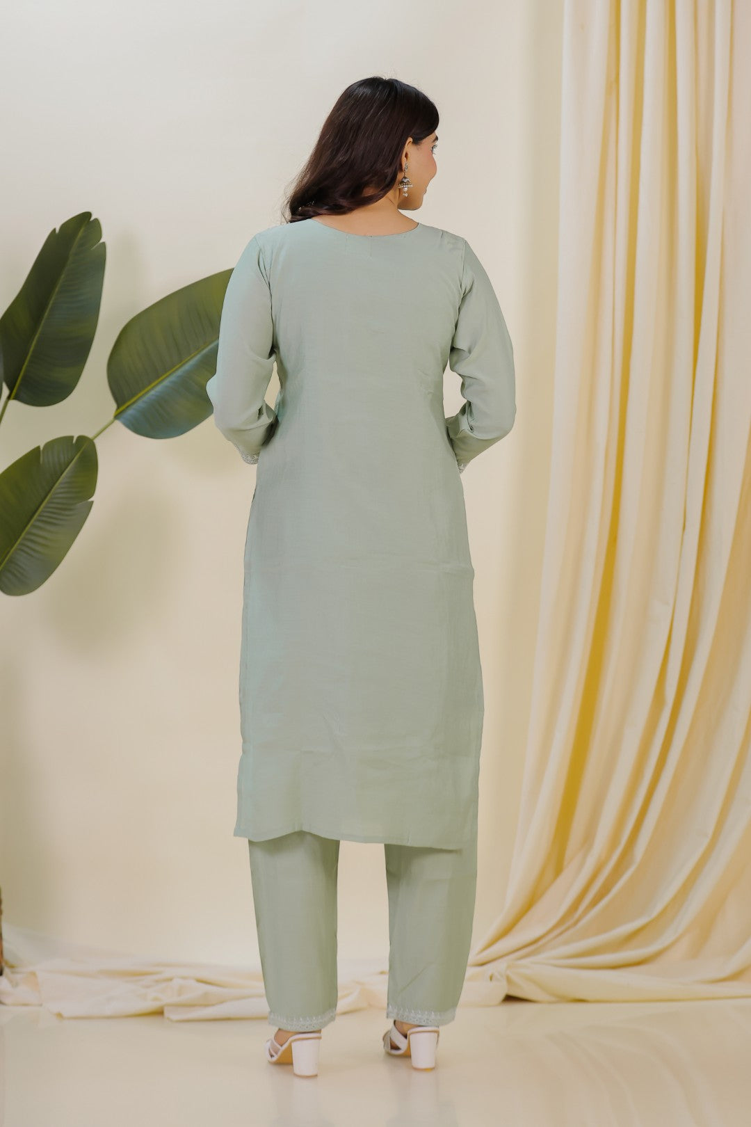 Pista Green Muslin Suit with Thread Work, Straight Pant & Dupatta
