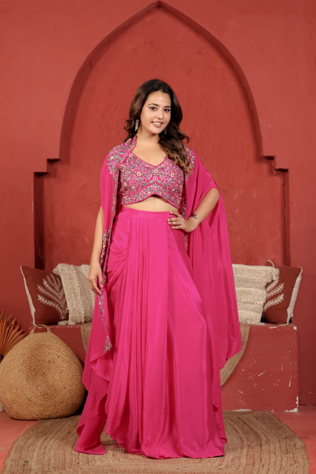 Rani Pink Crepe Silk Blouse with Thread & Mirror Work, Dhoti & Shrug