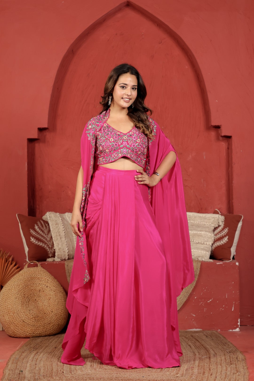Rani Pink Crepe Silk Blouse with Thread & Mirror Work, Dhoti & Shrug