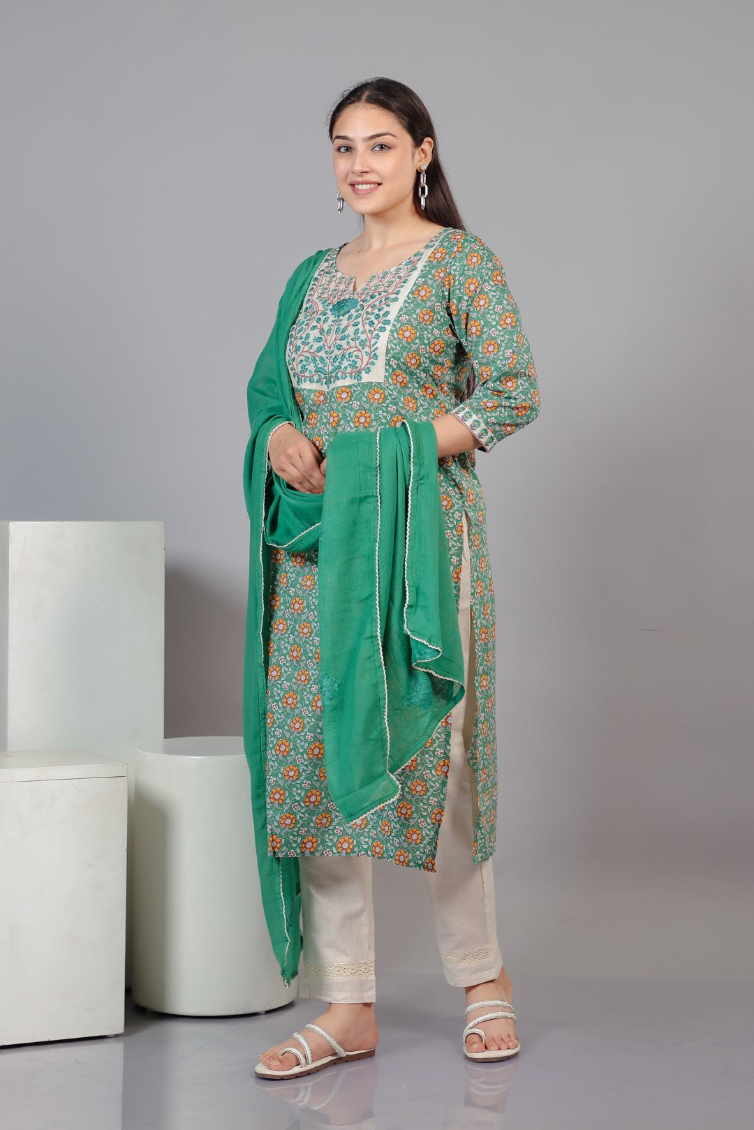 Green Cotton Printed Suit with Thread, Bottom & Dupatta