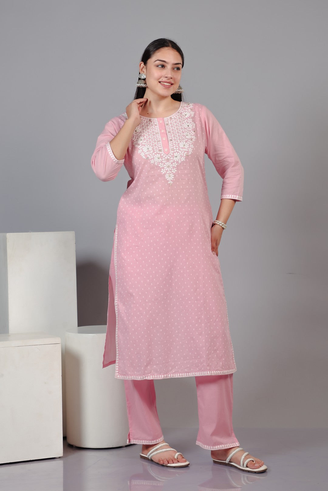 Baby Pink Cotton Suit with Thread Work, Bottom & Dupatta