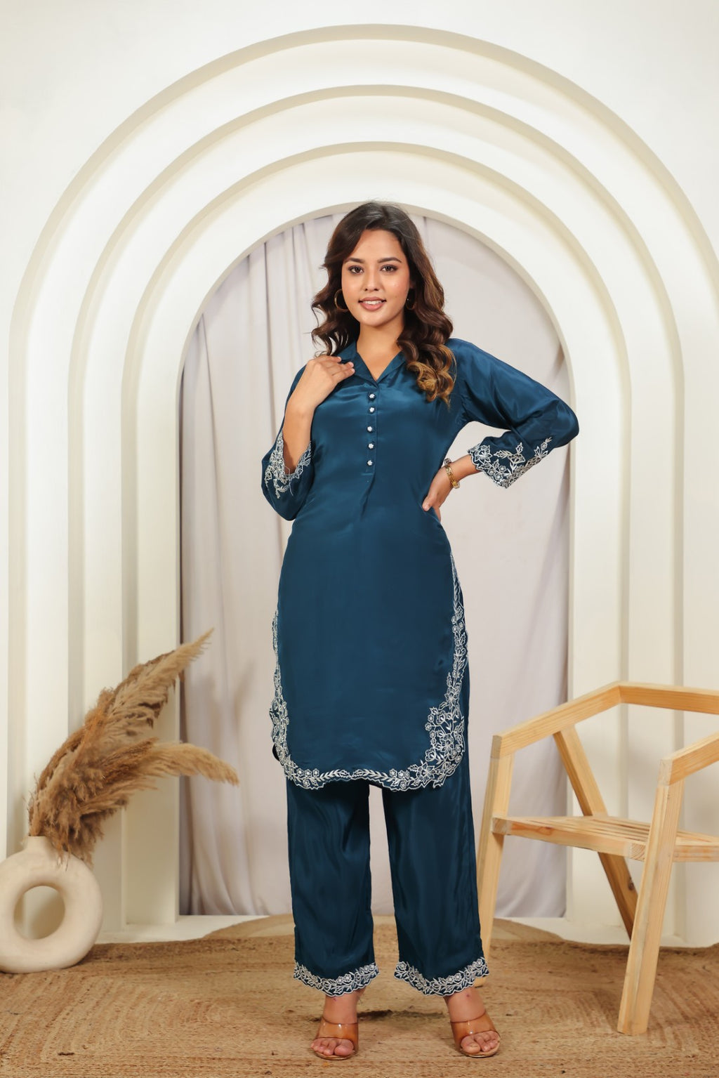 Diesel Blue Crepe Silk with White Thread Work Co-ord Set