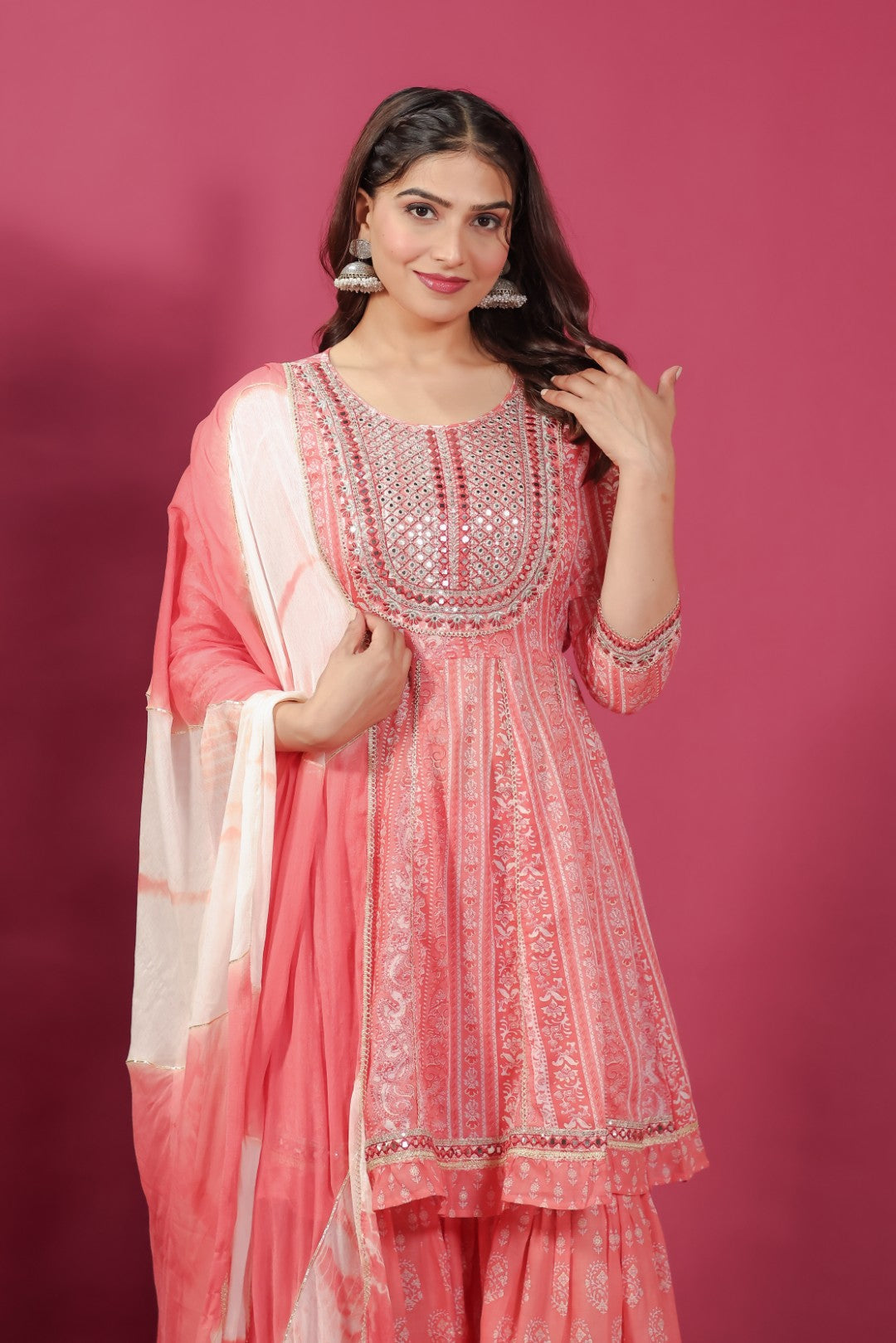 Reddish Orange Cotton Printed Suit, Palazzo & Dupatta