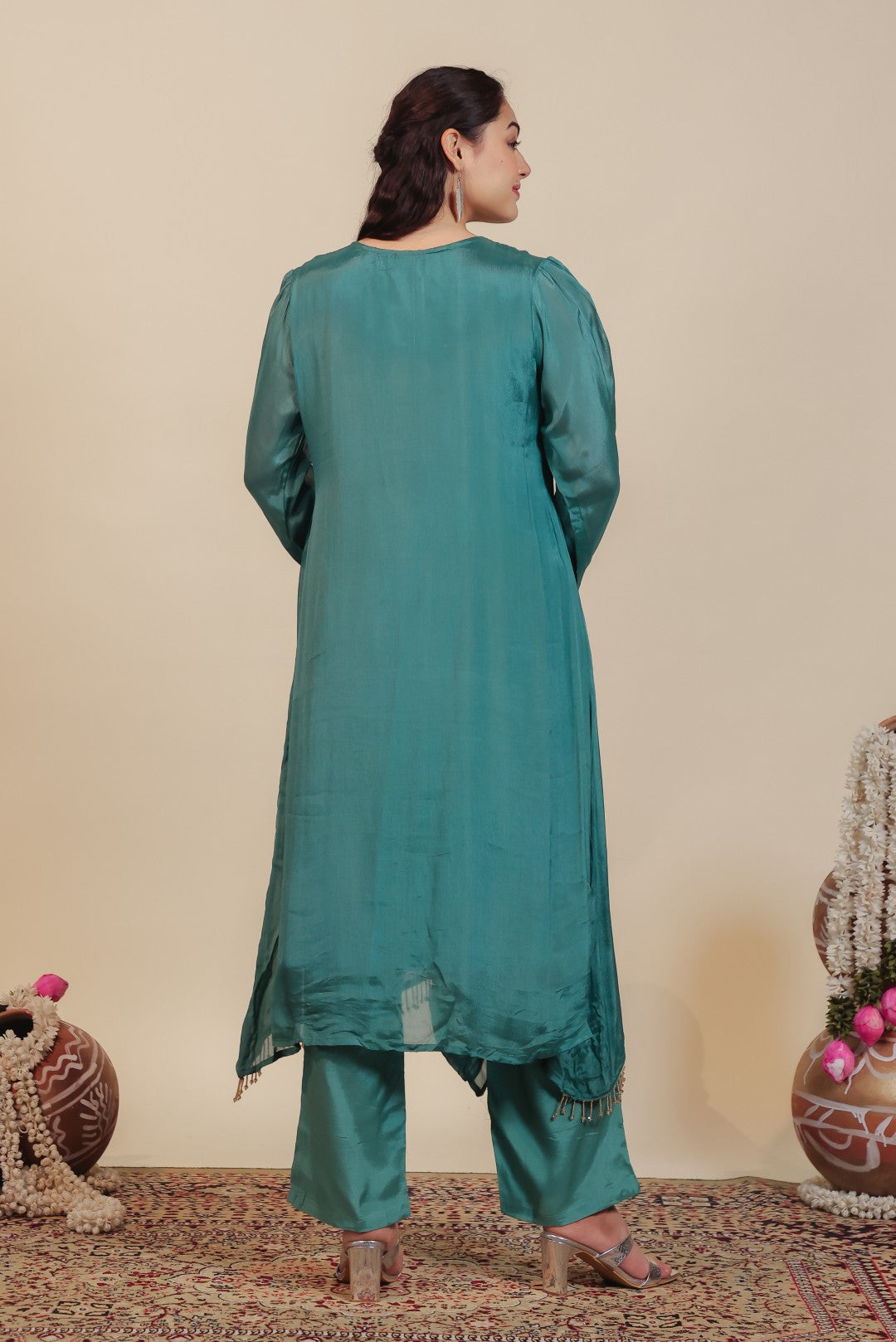 Teal Green Chinon Suit with Handwork, Bottom & Dupatta