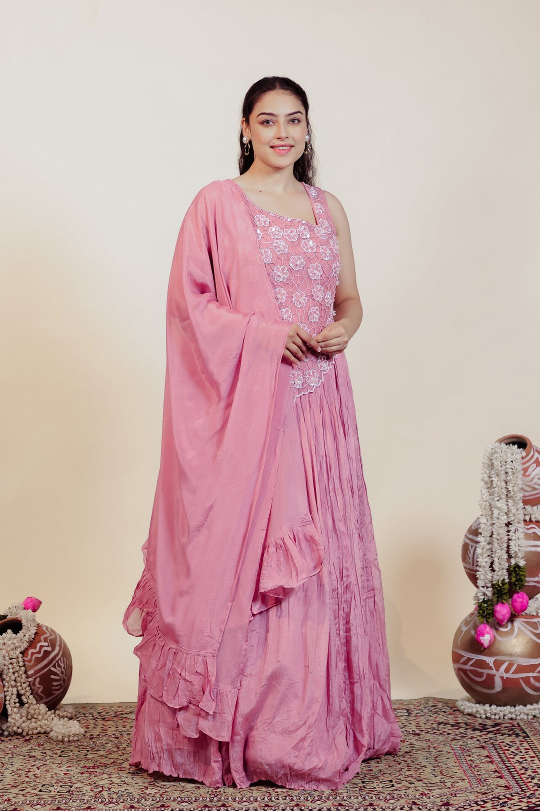 Baby Pink Chinon Silk with Patch Handwork Gown & Dupatta