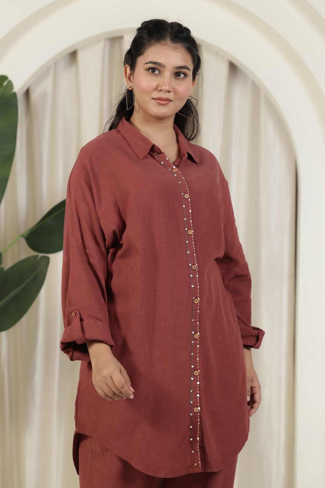 Rusty Brown Wrinkled Cotton Top with Back Thread & Sequence Work with Matching Pant