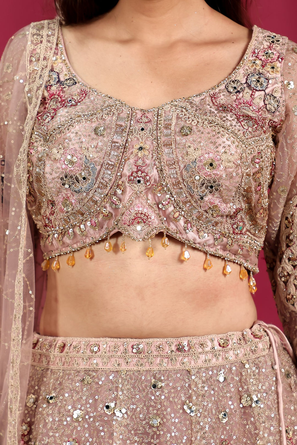 Pink Net Lehenga with Multi Color Full Sequence & Peacock Embroidery Work, Blouse & Dupatta