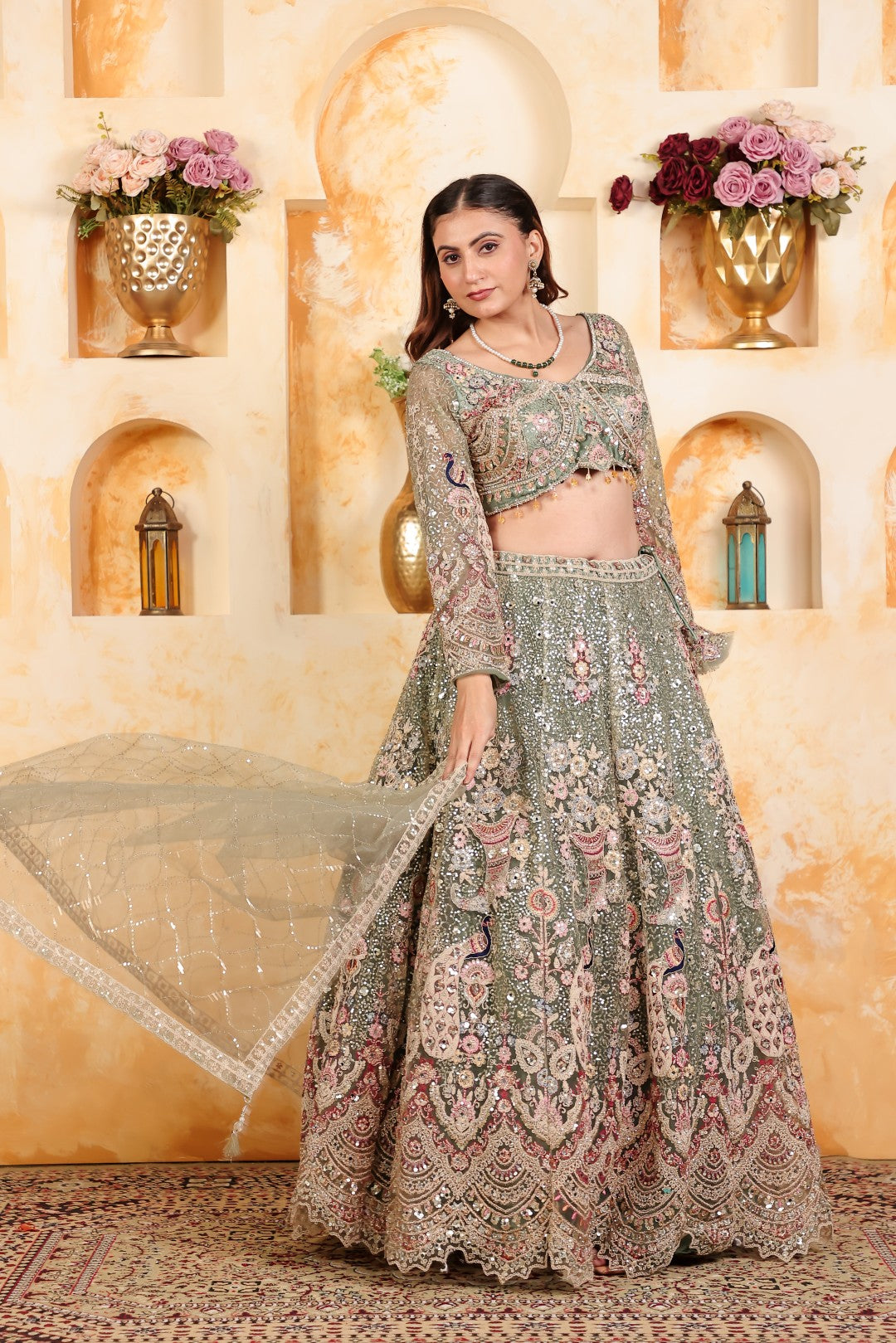 Pista Green Net Lehenga with Heavy Embroidery and Matching Blouse & Dupatta