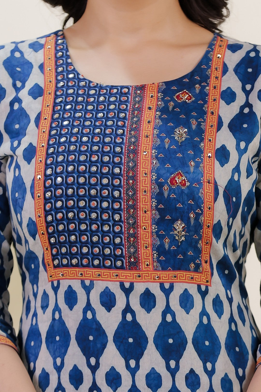 Light Grey & Diesel Blue Cotton Printed Suit with Sequin & Thread Work, Bottom & Dupatta
