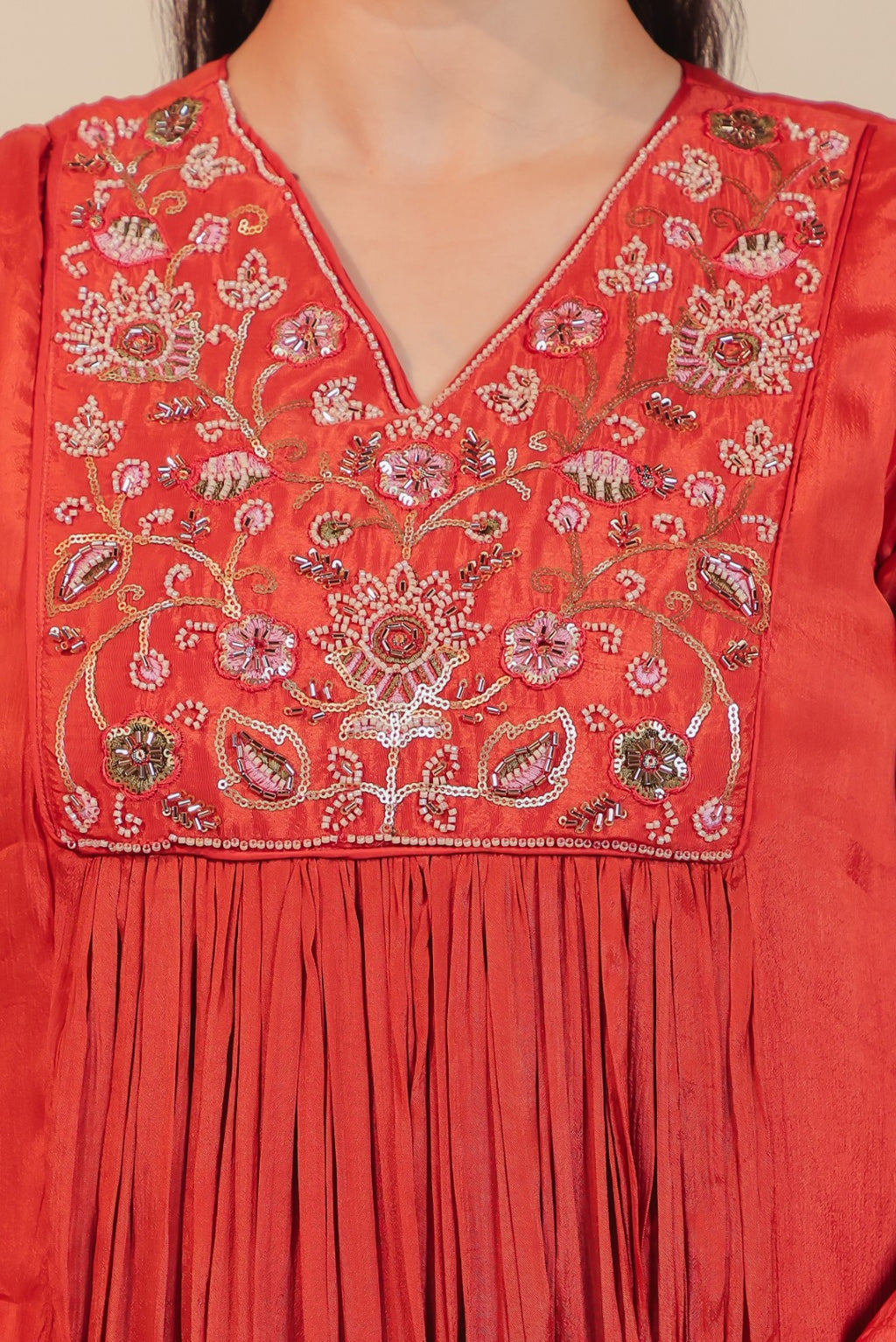 Rust Chinon Suit with Handwork, Bottom & Dupatta