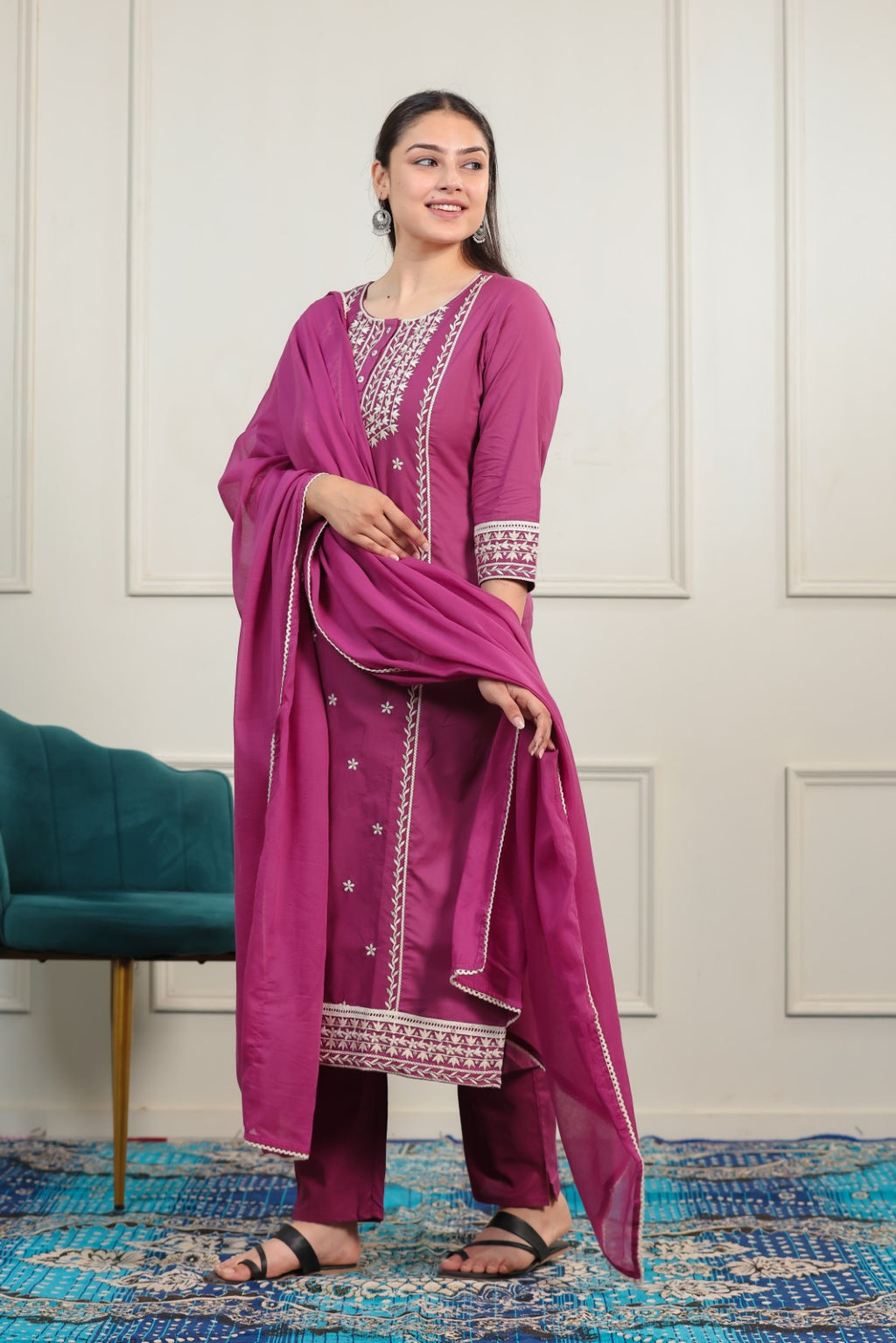 Purple Pink Cotton Suit with Fine Thread Work, Bottom & Dupatta