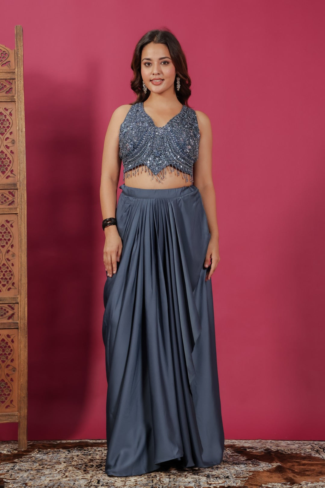 Dark Blue Grey Satin Dhoti Set with Handwork Blouse & Shrug