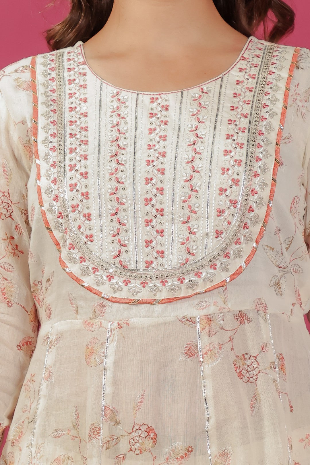 Off White Mulmul Cotton Foil Printed Suit, Sharara & Dupatta