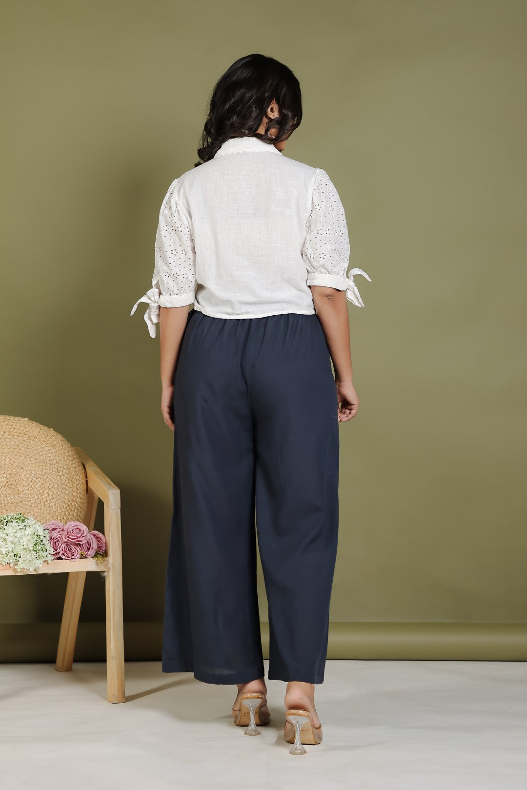 Offwhite Cotton Top with Patch Thread Work and Teal Blue Linen Cotton Palazzo Pant