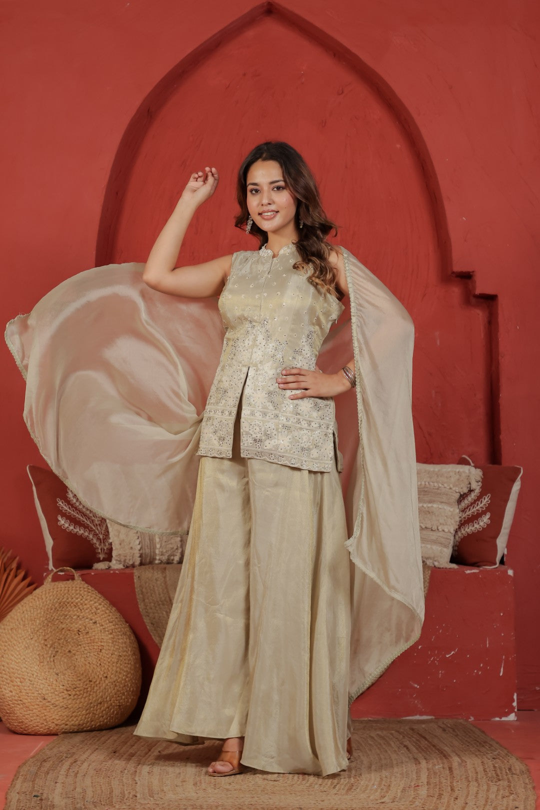 Beige Mosh Silk Jacket with Thread & Stone Work, Palazzo & Dupatta