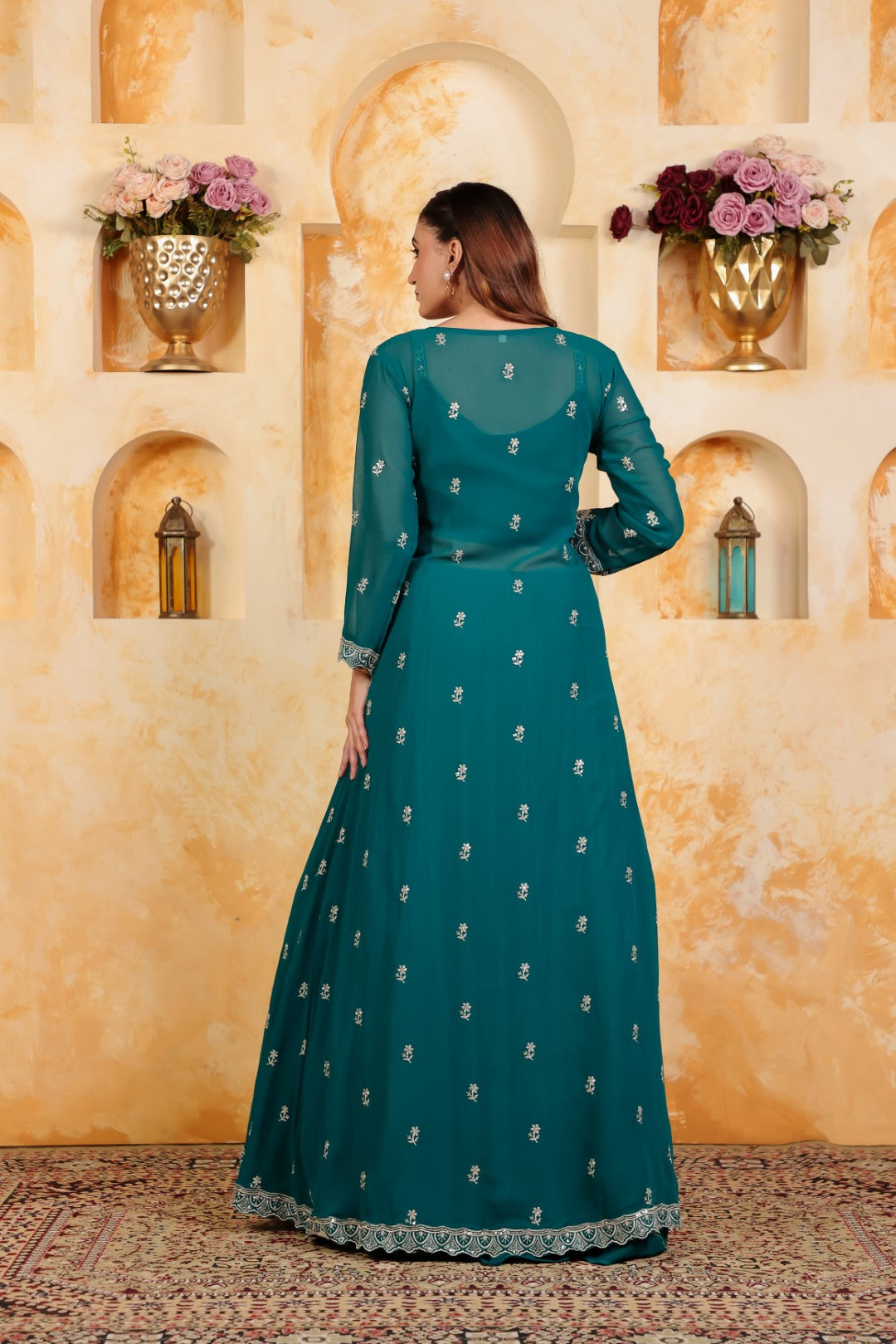 Rama Green Georgette Blouse with Thread & Stone Work, Lehenga & Long jacket Shrug