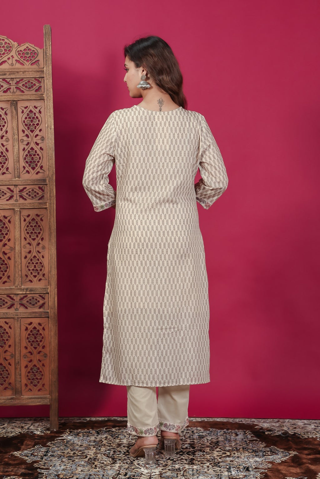 Beige Linen Cotton Printed Suit with Lace Work, Bottom & Dupatta