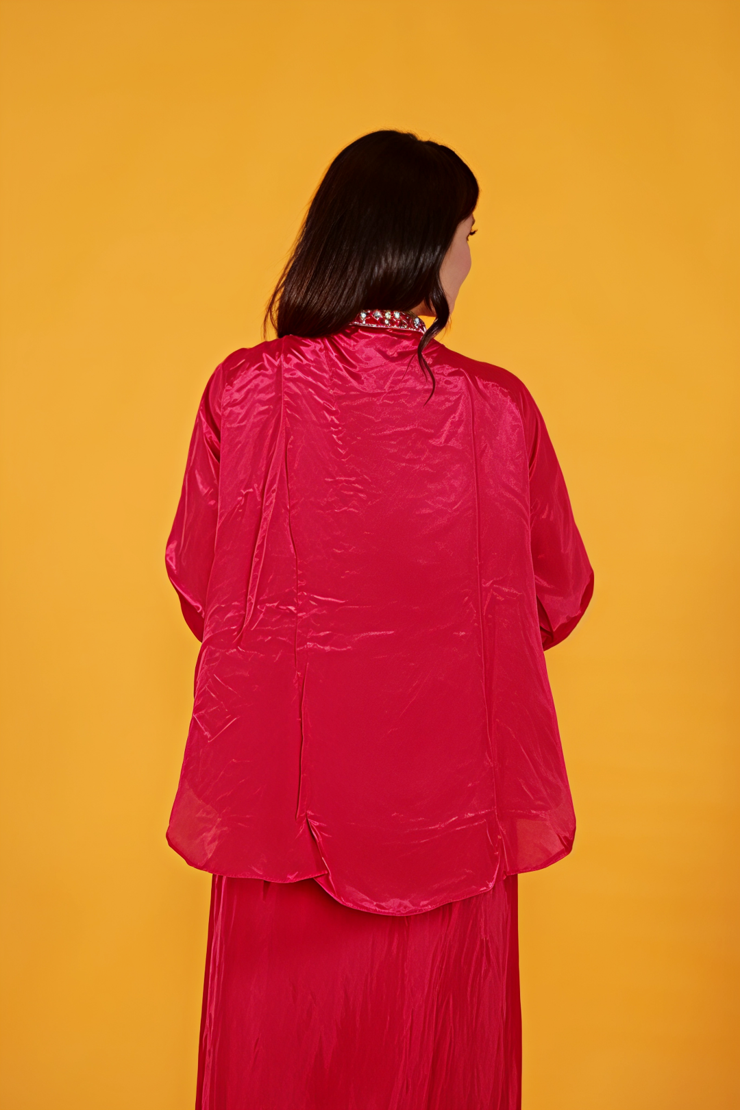 Rani Pink Crepe Silk Ponchu with Handwork and Matching Dhoti