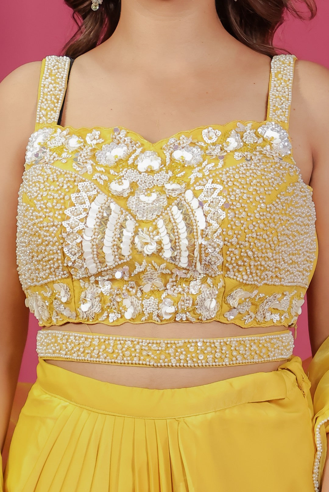 Yellow Satin Silk Dhoti Set with Pearl Handwork Blouse & Shrug