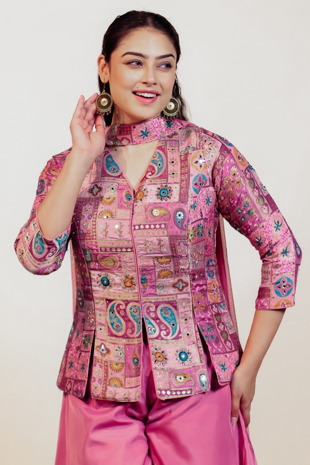 Baby Pink Silk Top with Banarsi Position Print, Sharara & Dupatta