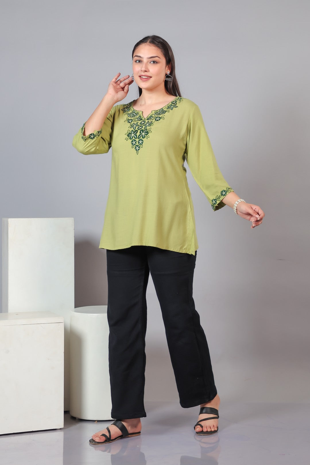 Pista Green Rayon Thread Work Top