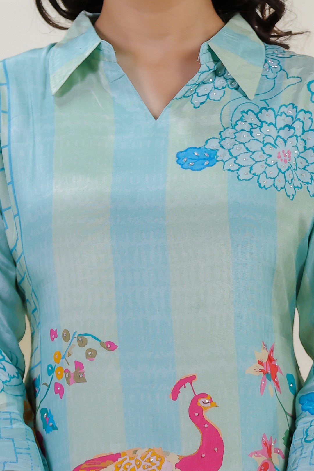 Sky Green & Sky Blue Crepe Silk with Peacock Printed Co-ord Set