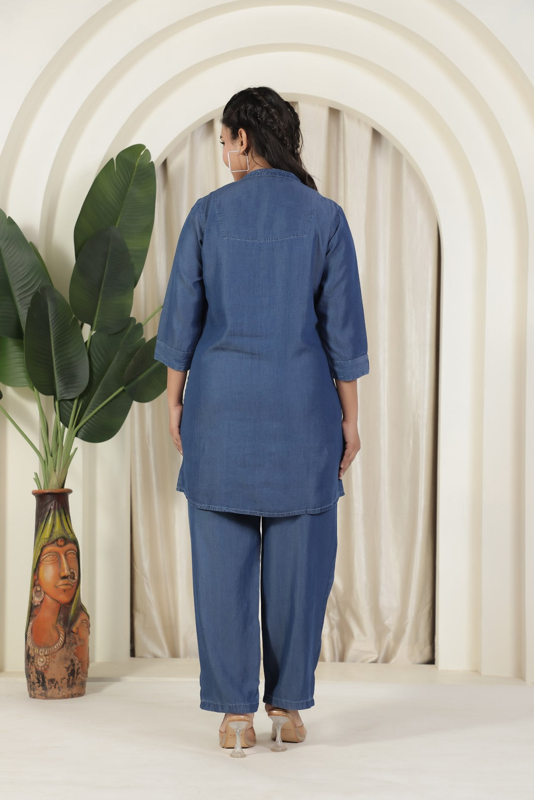 Navy Blue Denim Top with Embroidery and Paired with Matching Pant