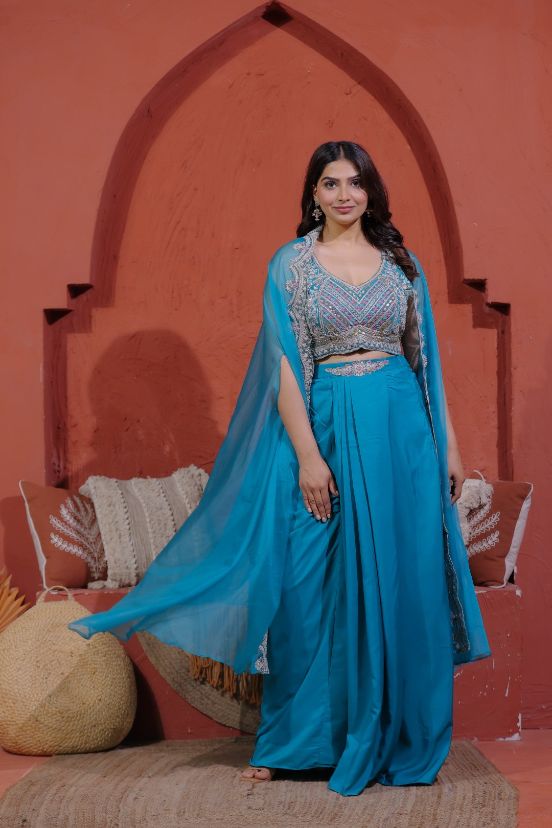 Rama Green Crepe Silk Blouse with Hand & Thread Work, Sharara & Shrug
