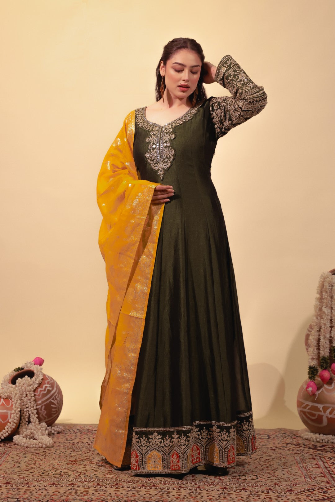 Mehendi Green Vichitra Silk with Zari Work Gown & Dupatta