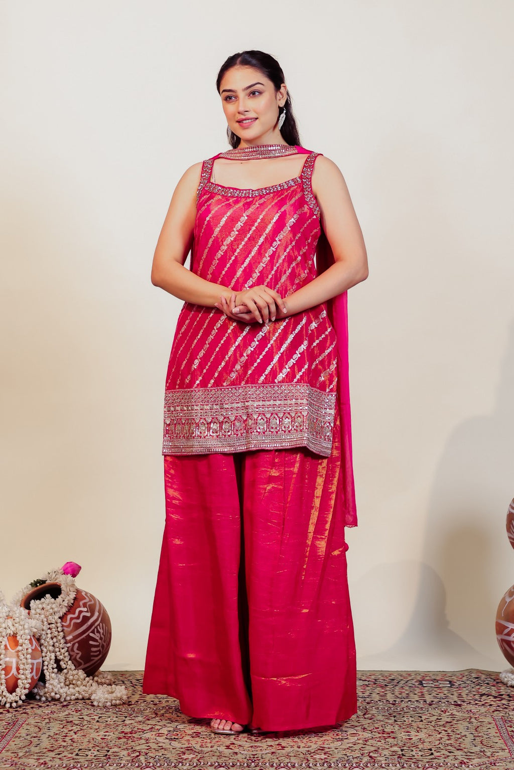 Rani Pink Mosh Silk Suit with Banarsi Print Handwork, Sharara & Dupatta