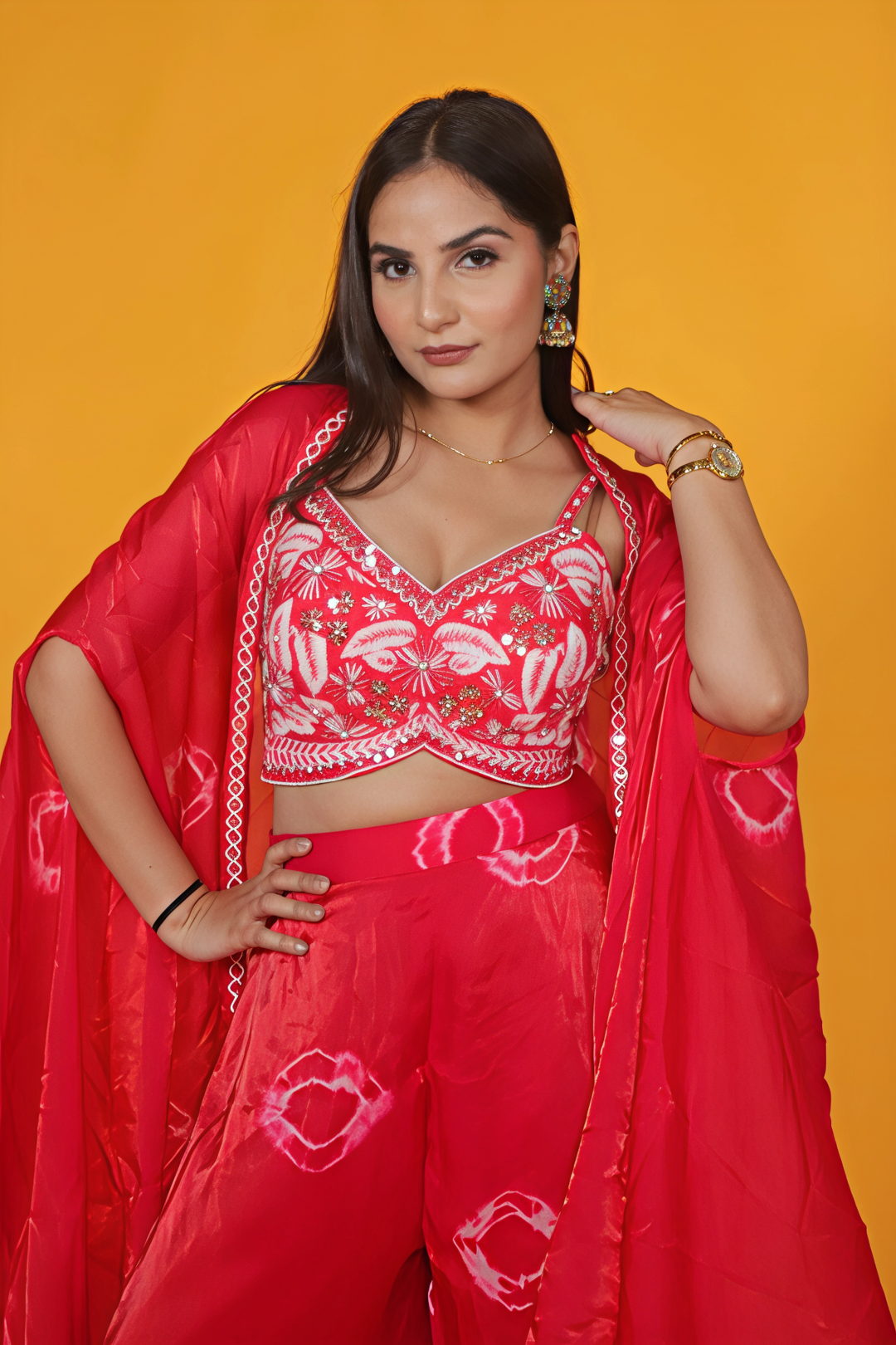 Rani Pink Silk Handwork Blouse with Printed Sharara & Shrug