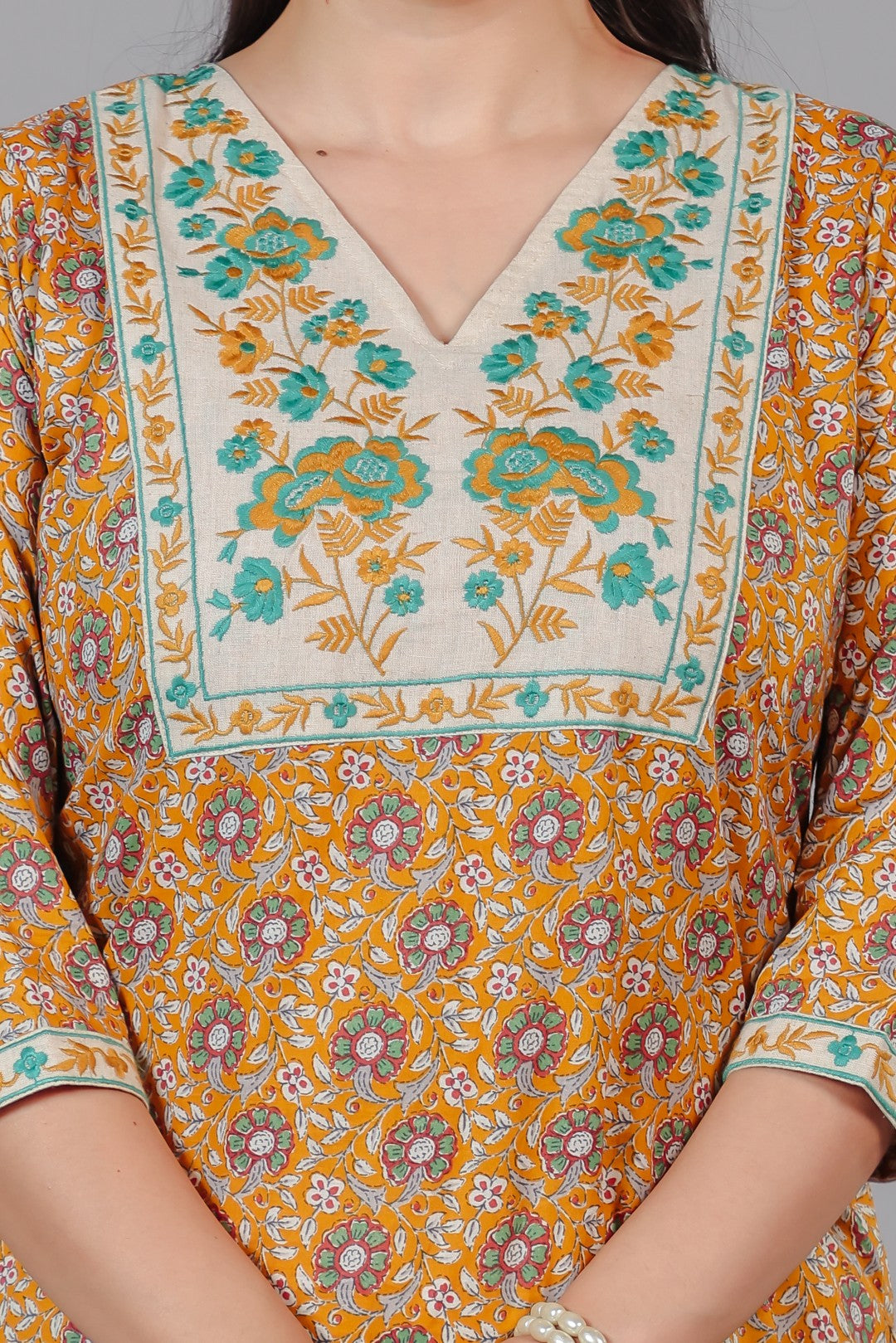 Yellow Cotton Printed Suit with Thread Work, Bottom & Dupatta