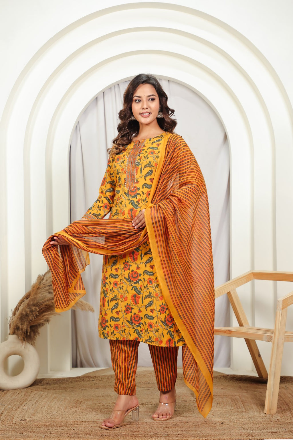 Mustard Yellow Slub Cotton Floral Printed Suit, Bottom & Dupatta