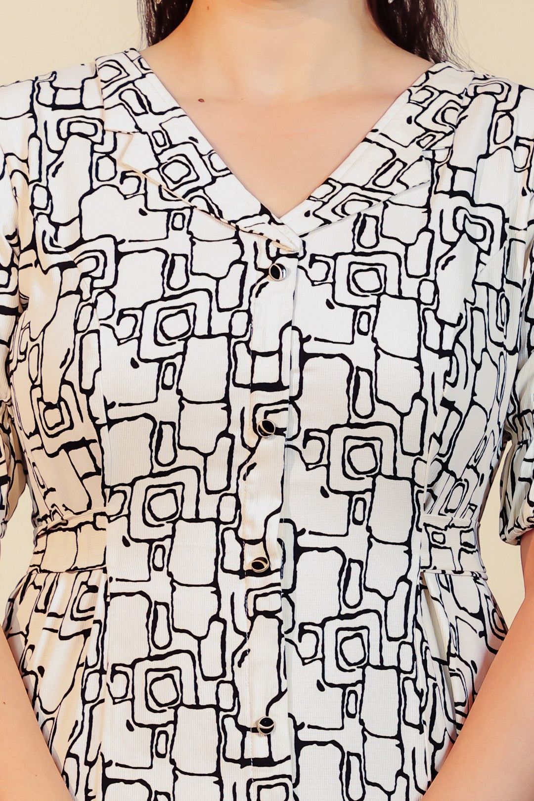 Off White Lycra with Geometric Printed Midi Dress