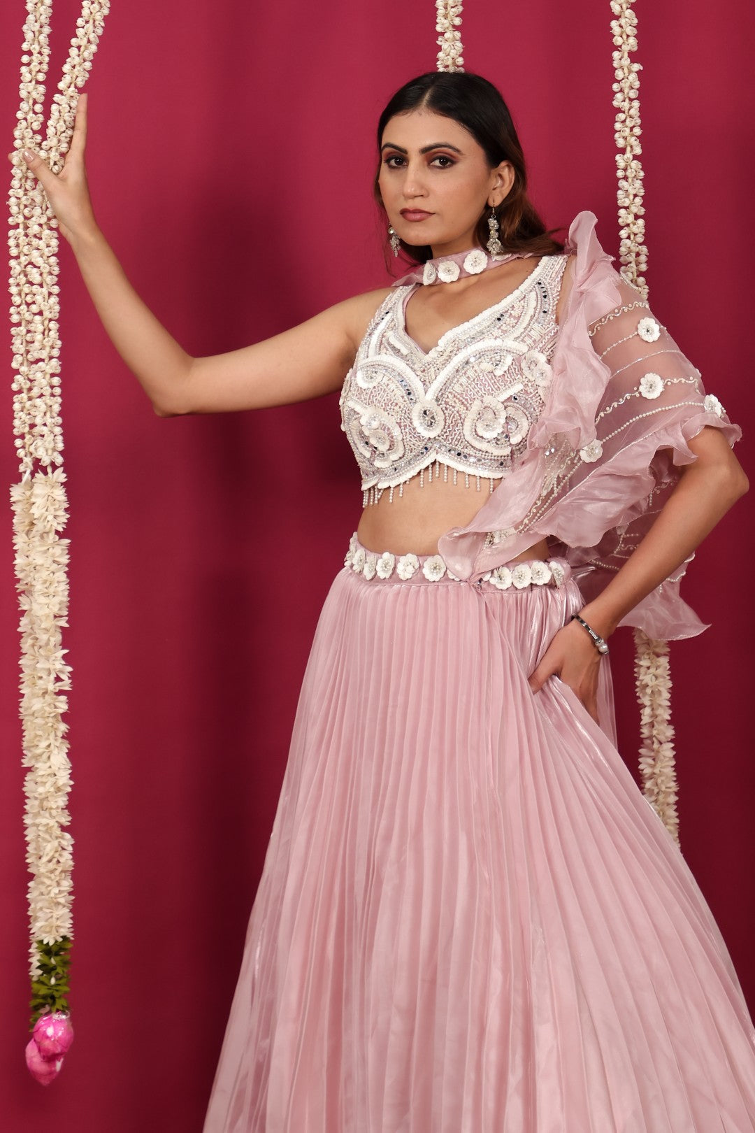 Baby Pink Burberry Net Lehenga with Pearl & CP Handwork Blouse & Attached Dupatta