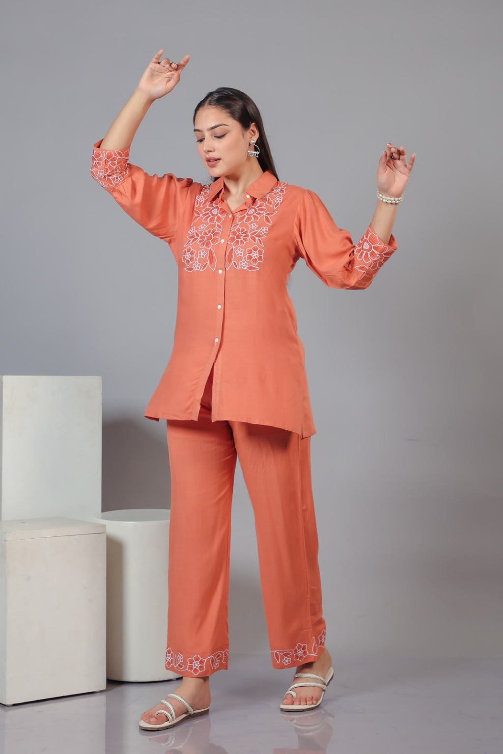 Peach Rayon with Thread Work Co-ord Set