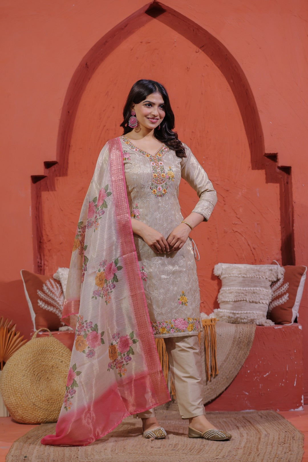 Beige Pure Chanderi Silk Suit with Thread Jaal Embroidery, Pant & Dupatta