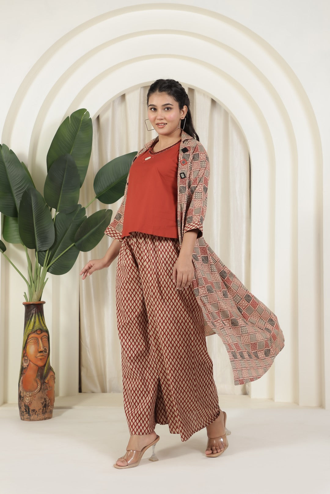 Rust Cambric Cotton Top with Mirror Work, and Block Print Pant & Jacket Shrug