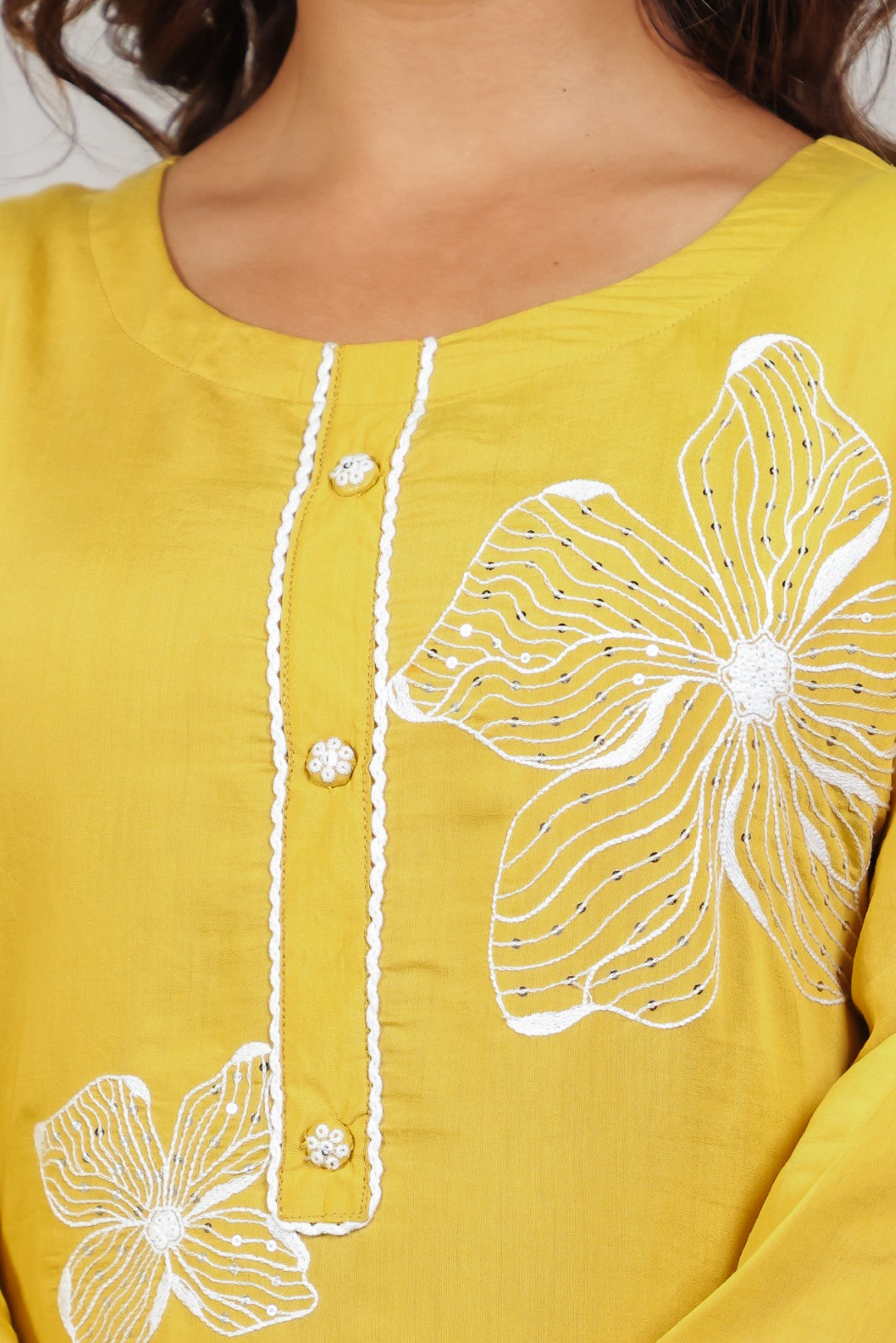 Yellow Muslin Suit with White Thread & Sequin Work, Bottom & Dupatta