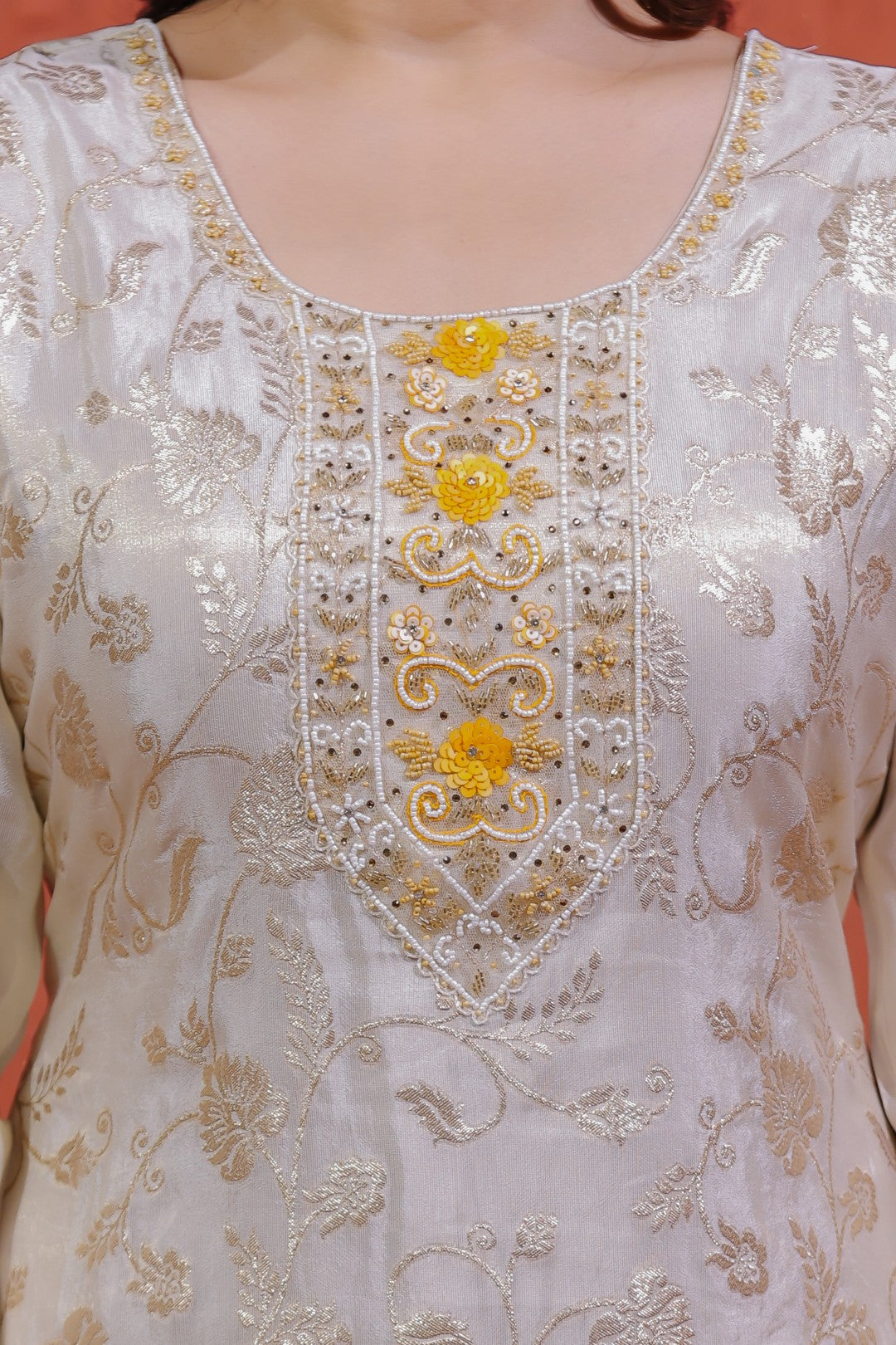 Off White Mosh Silk Suit with Banarasi Work, Pant & Dupatta