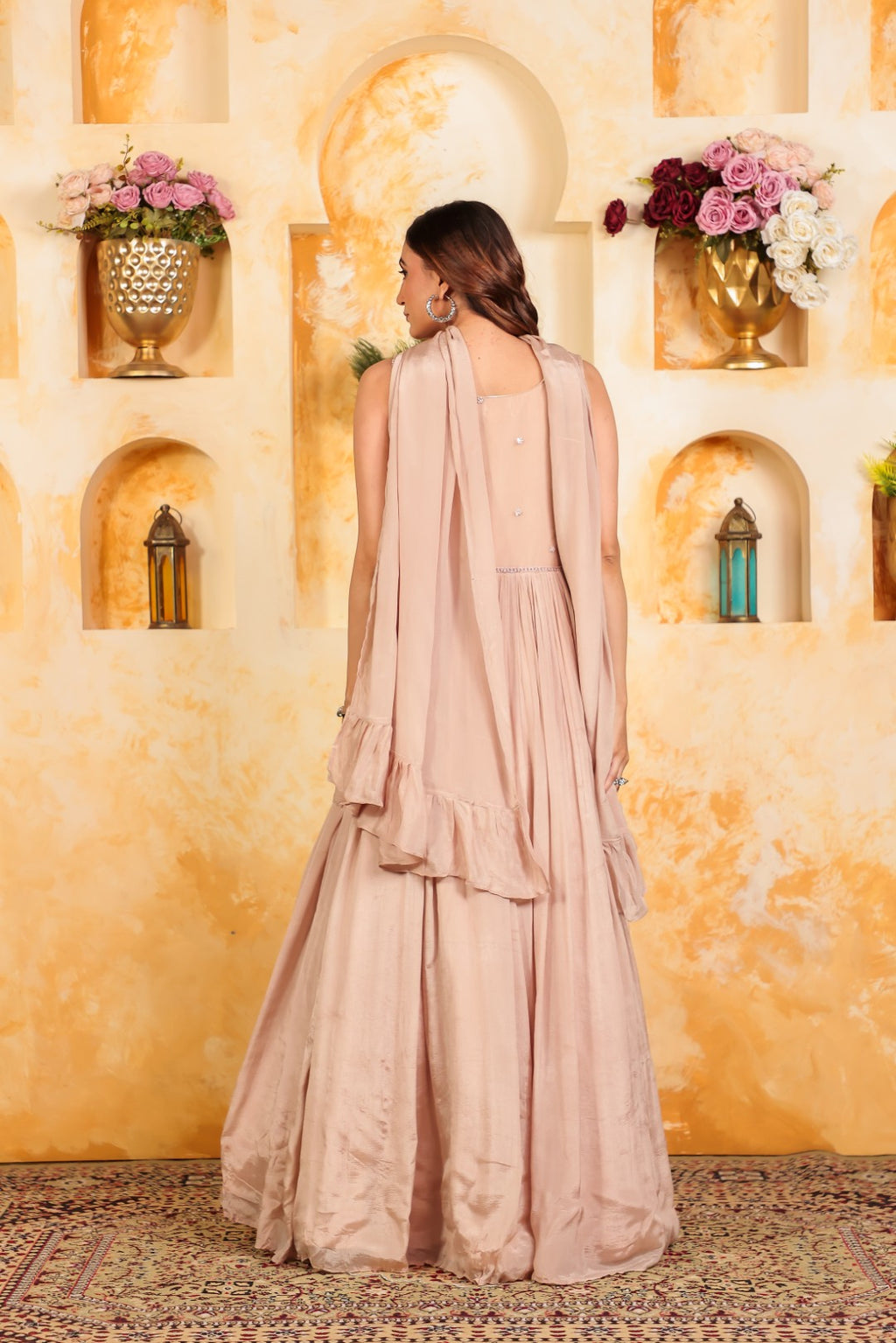 Peach Chinon Silk with Patch Handwork Gown & Dupatta