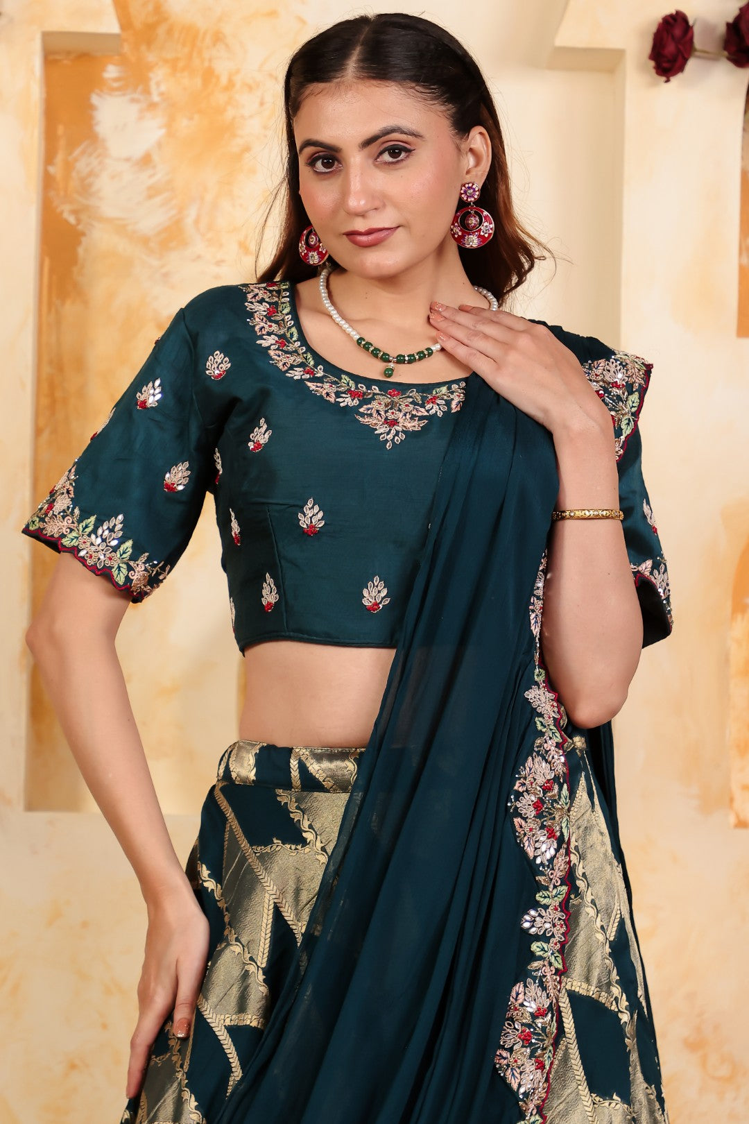 Diesel Blue Silk Banarasi Lehenga with Gotta Patti Handwork Blouse, Saree-Style Pallu