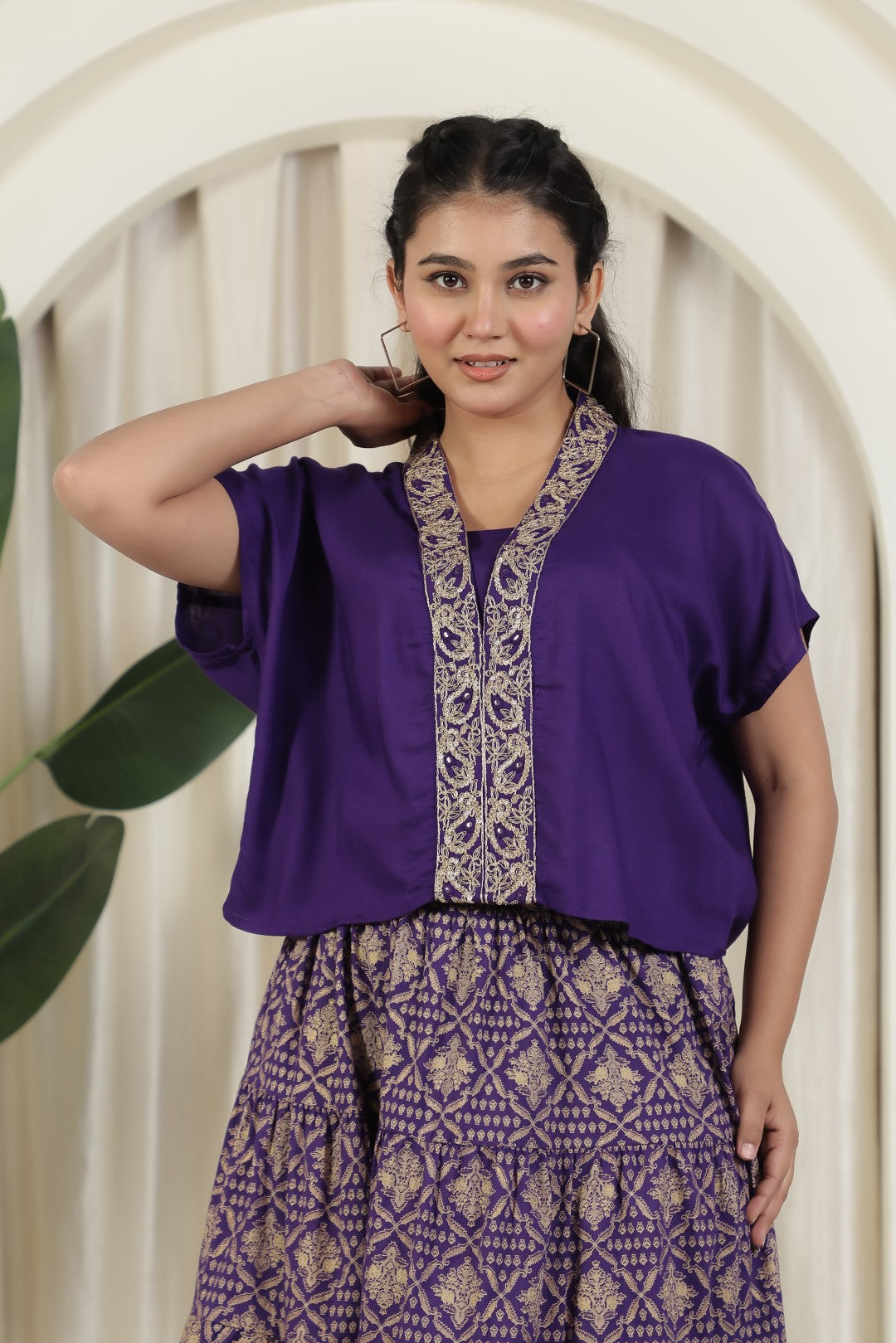 Purple Cotton Top with Zariwork and Foil Printed Skirt