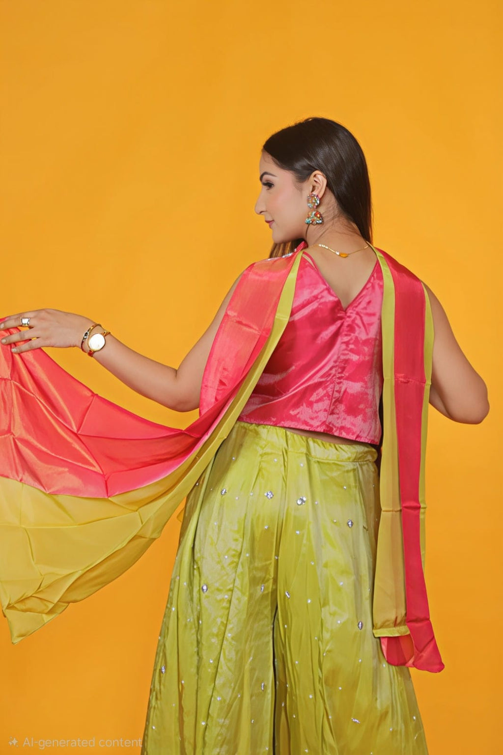 Pink Mosh Silk Blouse with Handwork, and Lime Green Sharara & Dupatta